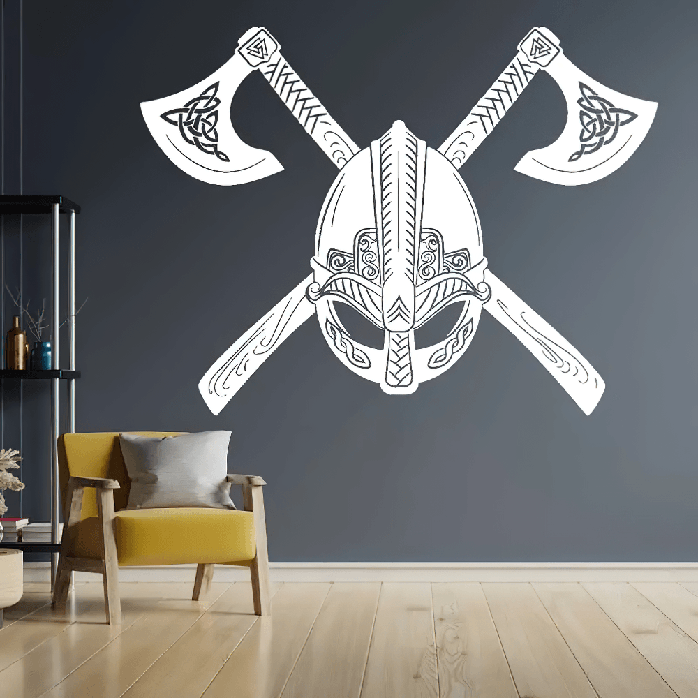 Nordic Viking Helmet and Crossed Axes Wall Decal
