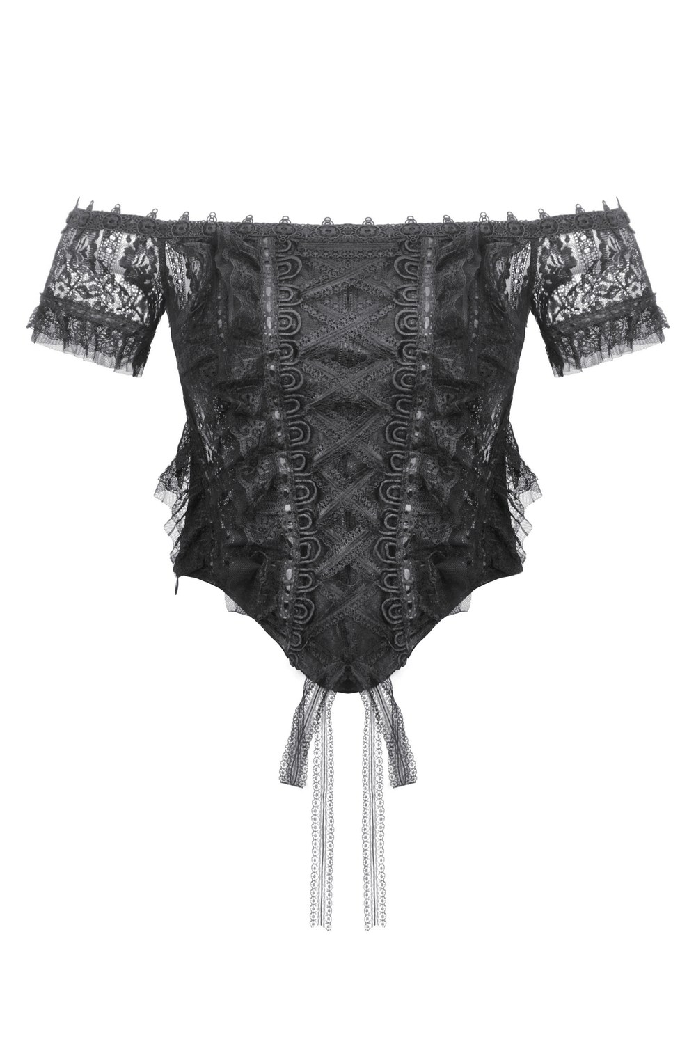 Off-Shoulder Lace-Trimmed Gothic Top with Ribbon Details