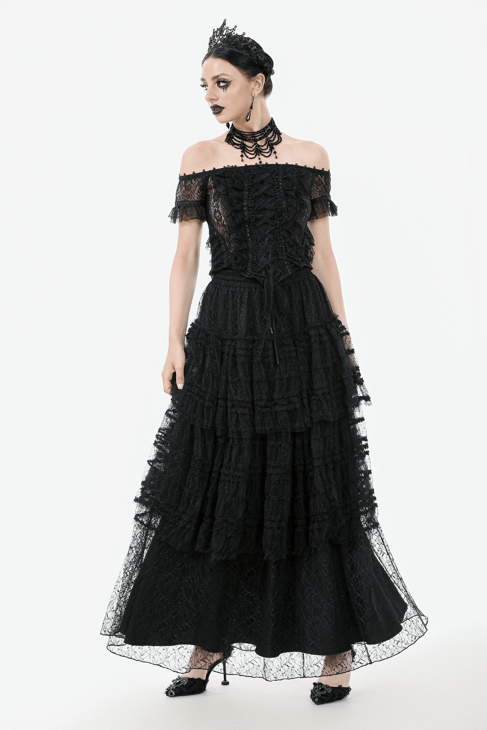 Off-Shoulder Lace-Trimmed Gothic Top with Ribbon Details