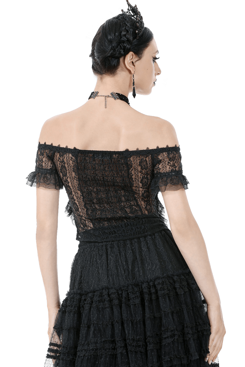 Off-Shoulder Lace-Trimmed Gothic Top with Ribbon Details