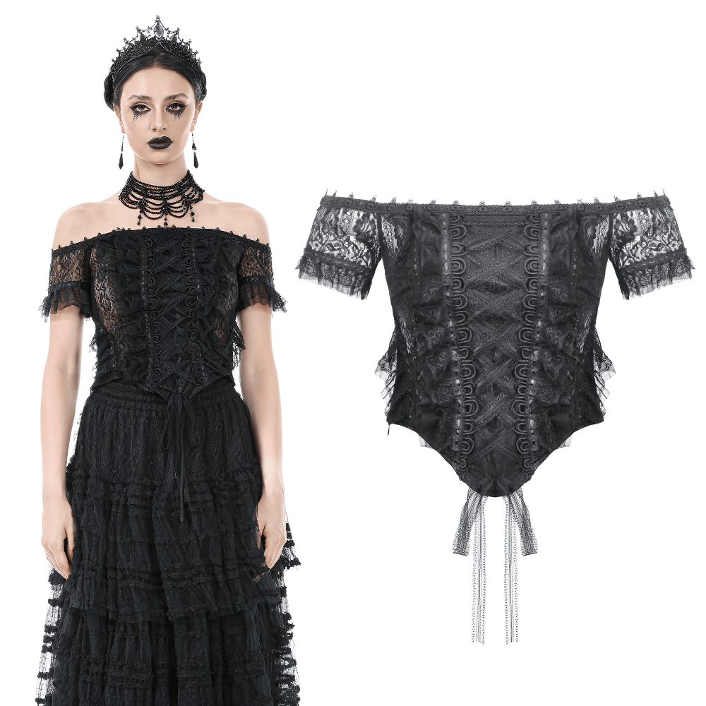 Off-Shoulder Lace-Trimmed Gothic Top with Ribbon Details