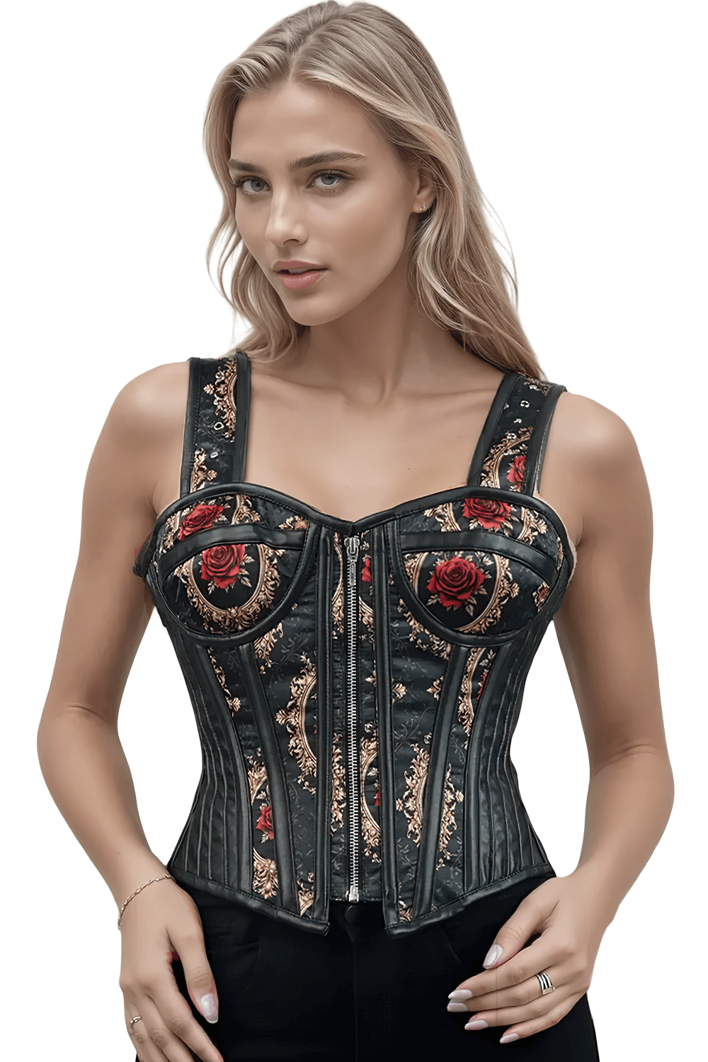 Ornate Baroque and Rose Overbust Corset with Faux Leather