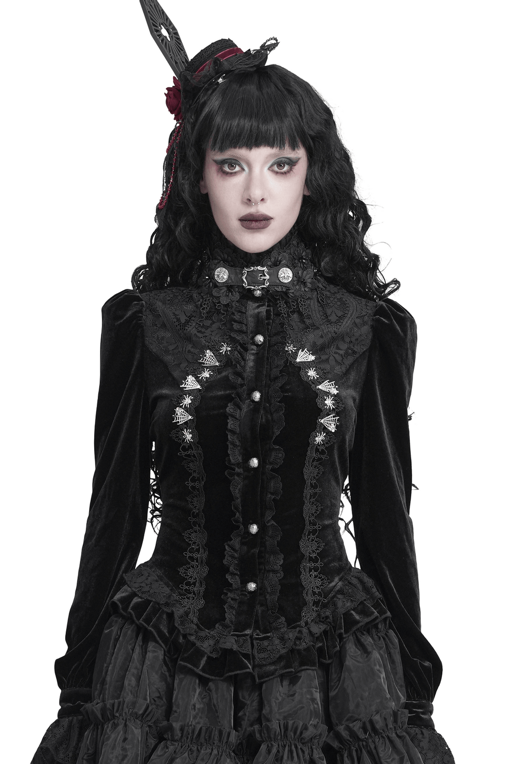 Ornate Gothic Blouse with Lace and Ruffled Cuffs