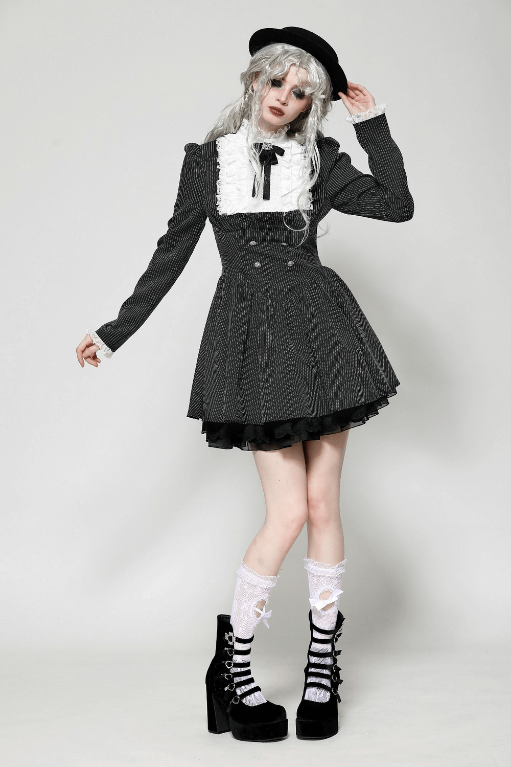 Pinstripe Gothic Dress with Lace Ruffle and Bow Details
