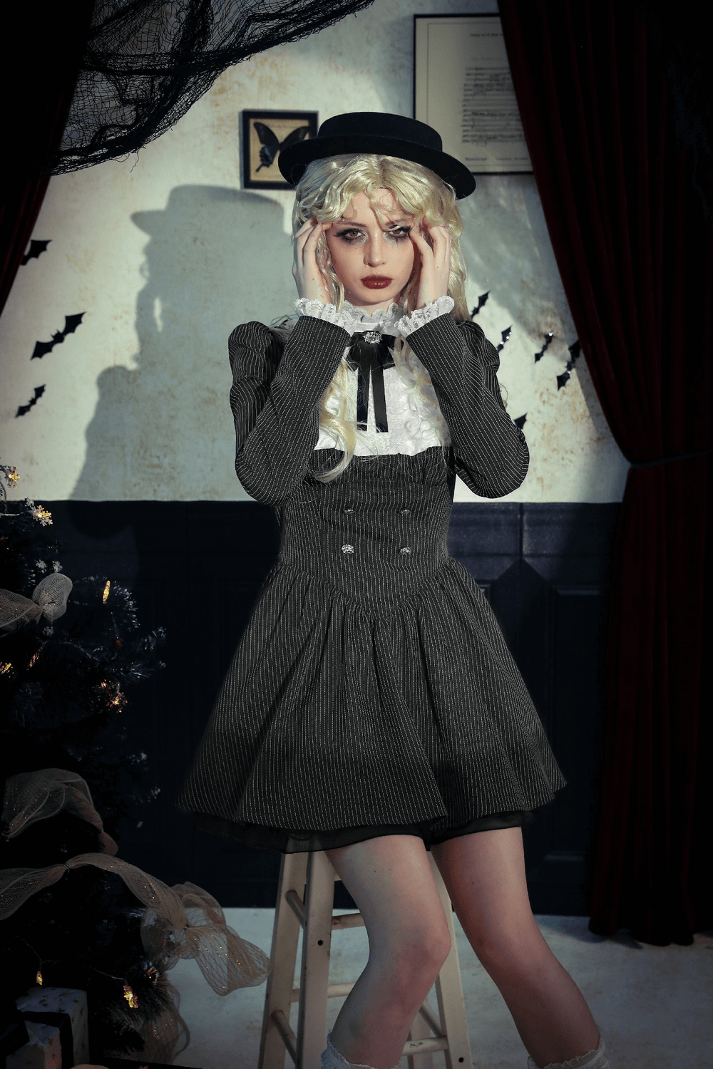 Pinstripe Gothic Dress with Lace Ruffle and Bow Details