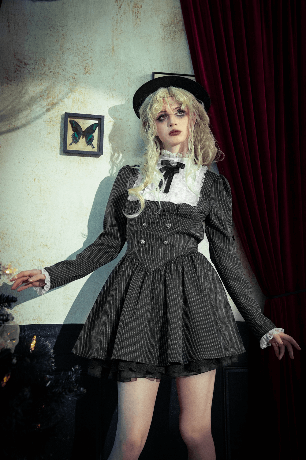 Pinstripe Gothic Dress with Lace Ruffle and Bow Details