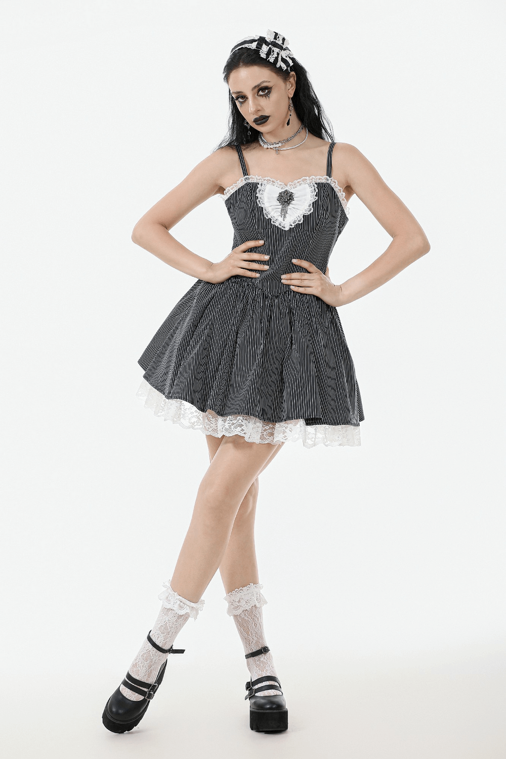 Pinstripe Gothic Dress with Lace Trim and Corset Back