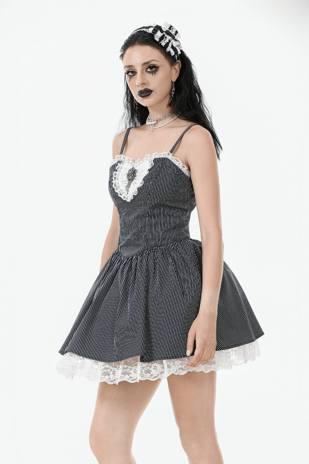 Pinstripe Gothic Dress with Lace Trim and Corset Back