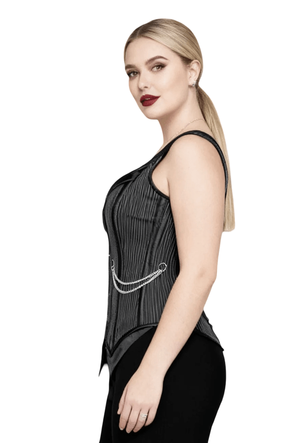 Pinstripe Gothic Overbust Corset with Chain Accents