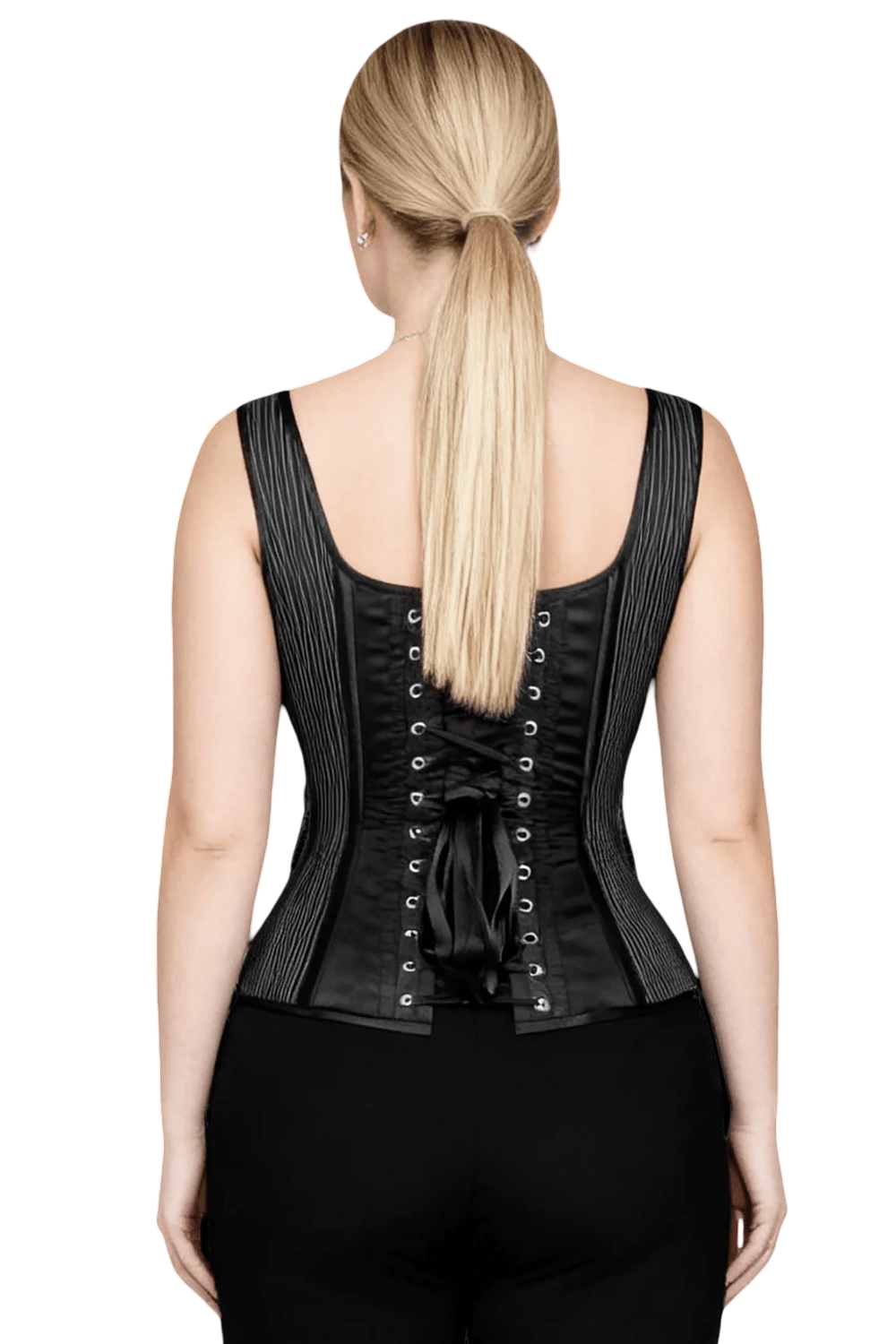 Pinstripe Gothic Overbust Corset with Chain Accents