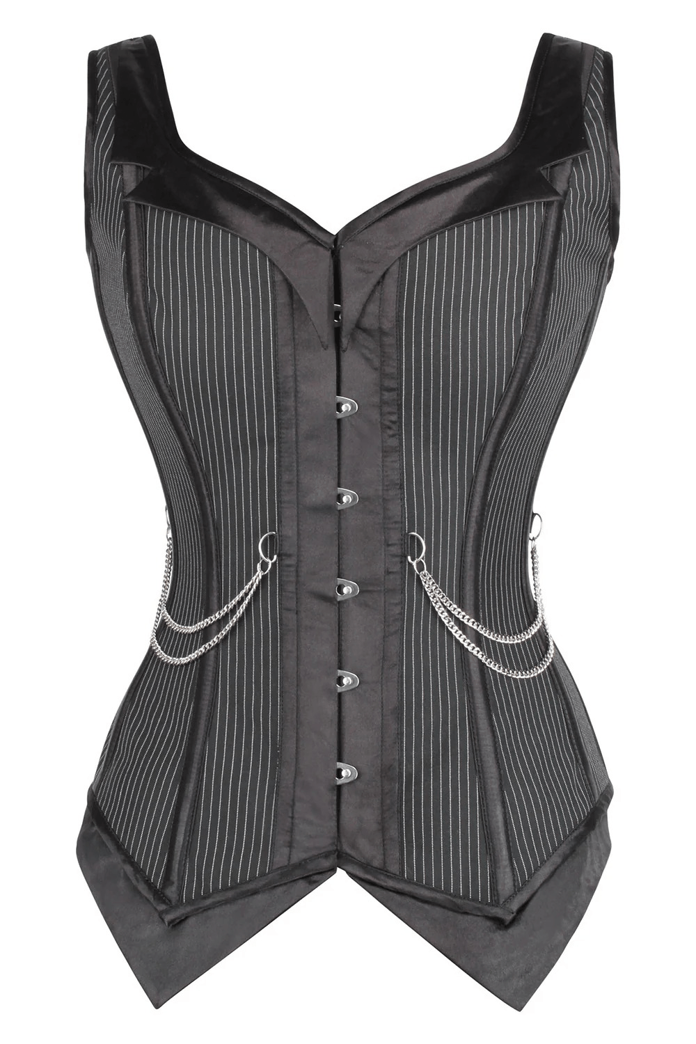 Pinstripe Gothic Overbust Corset with Chain Accents