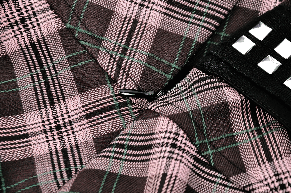 Plaid Mini Skirt with Studded Belt and Pleated Design