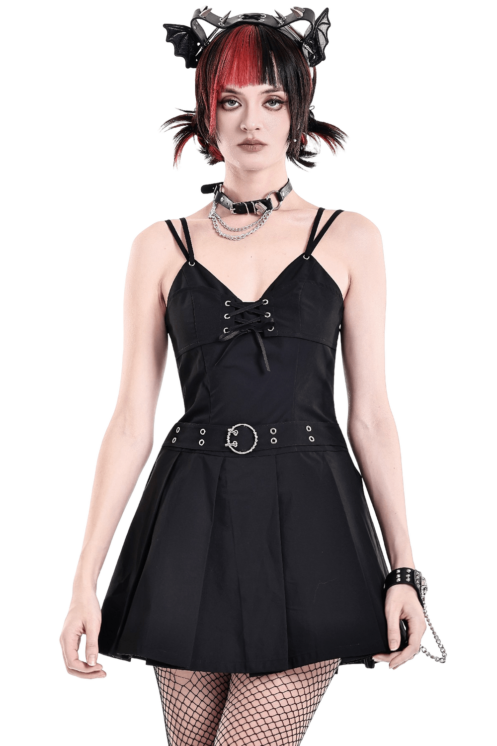 Pleated Mini Dress with Corset Lace-Up Back Detail
