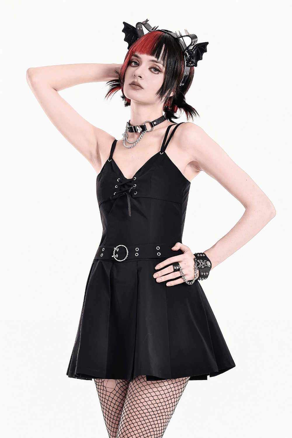 Pleated Mini Dress with Corset Lace-Up Back Detail