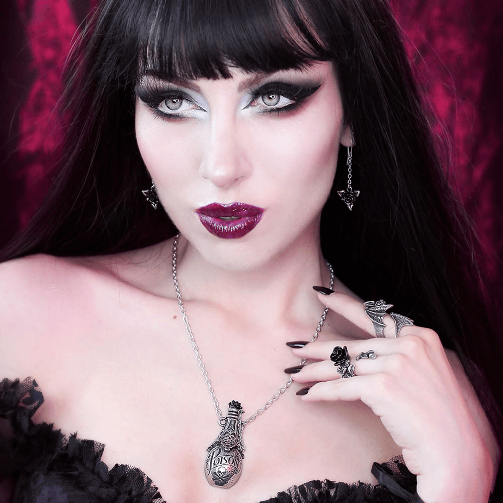 Poison Bottle Pendant with Skull and Black Rose Detail
