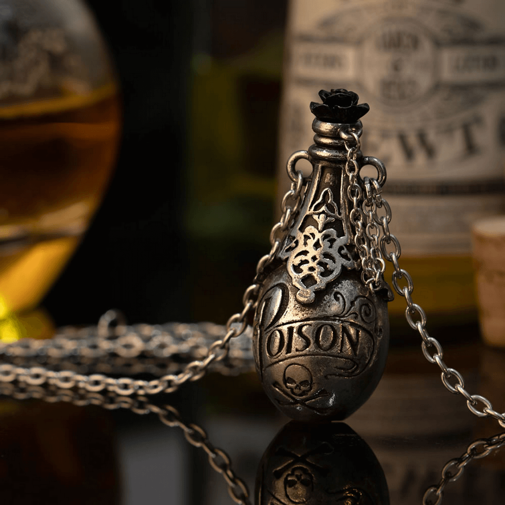 Poison Bottle Pendant with Skull and Black Rose Detail
