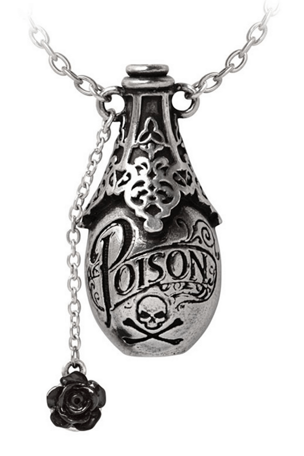 Poison Bottle Pendant with Skull and Black Rose Detail
