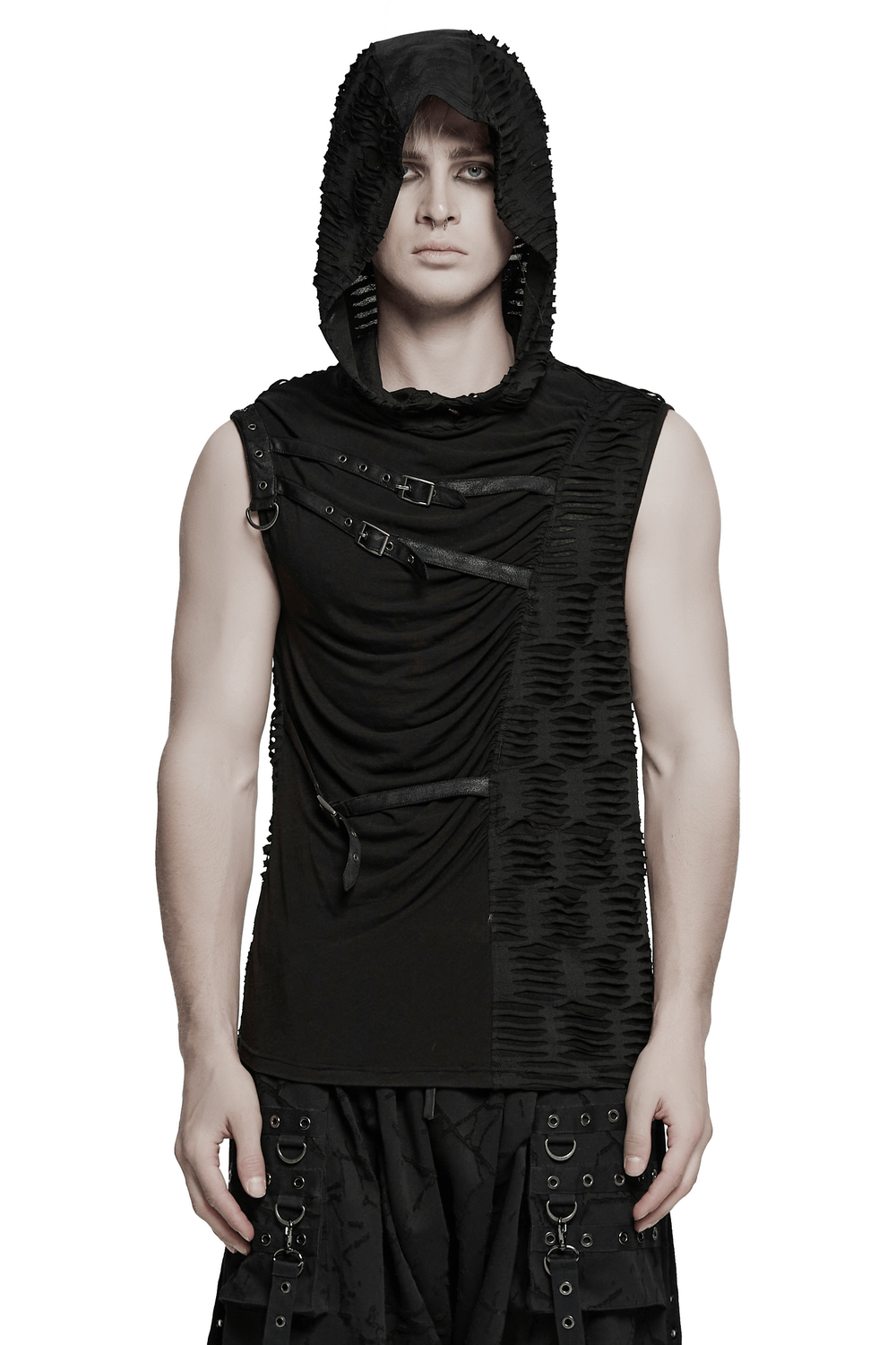 Punk Asymmetrical Splicing Hooded Top with Rivets