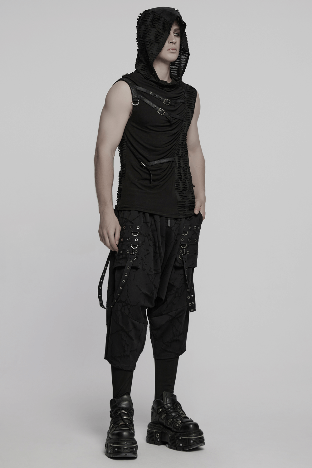 Punk Asymmetrical Splicing Hooded Top with Rivets