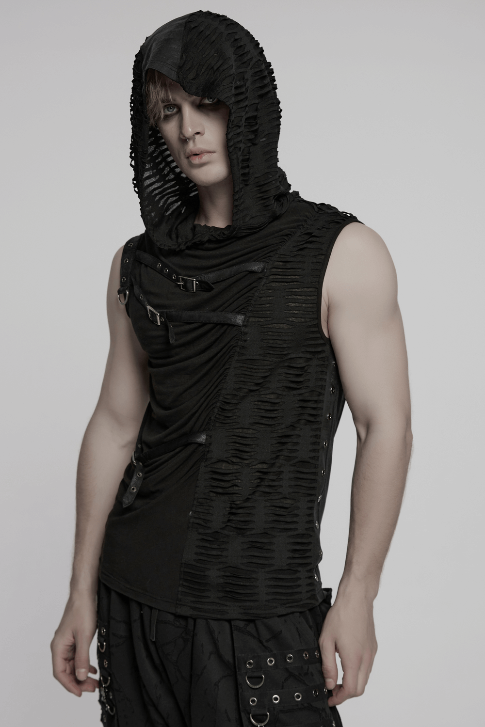 Punk Asymmetrical Splicing Hooded Top with Rivets