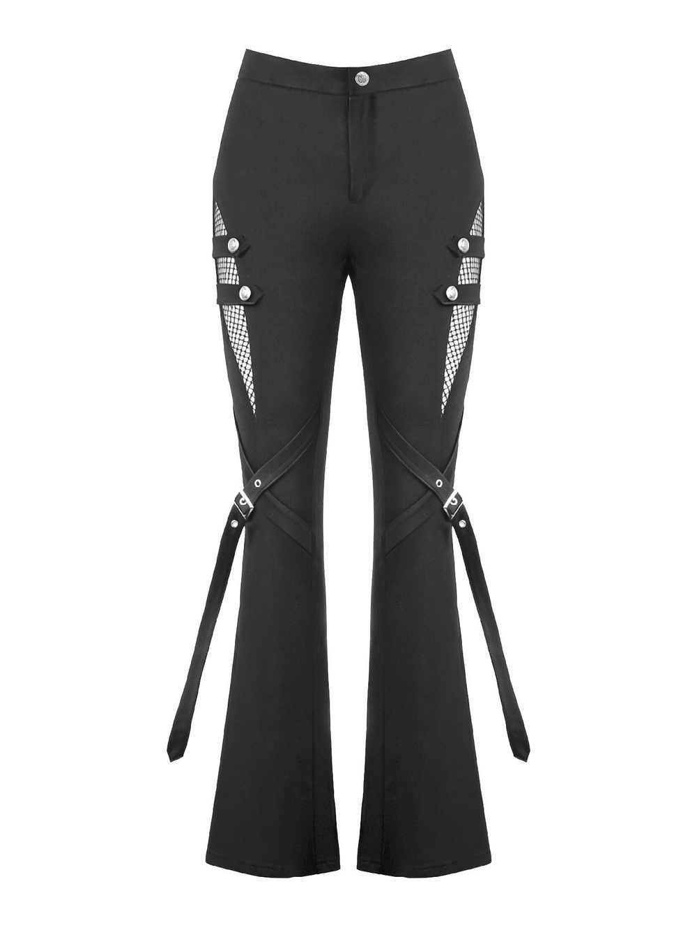 Punk Black Flared Pants with Mesh Cutout and Straps