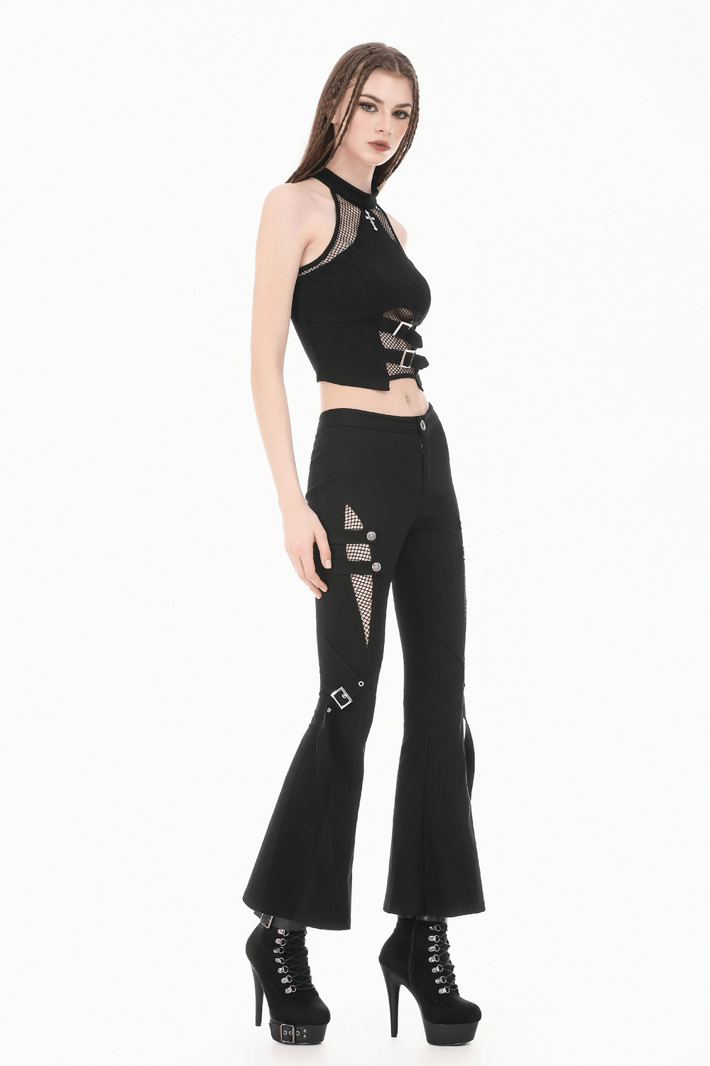 Punk Black Flared Pants with Mesh Cutout and Straps