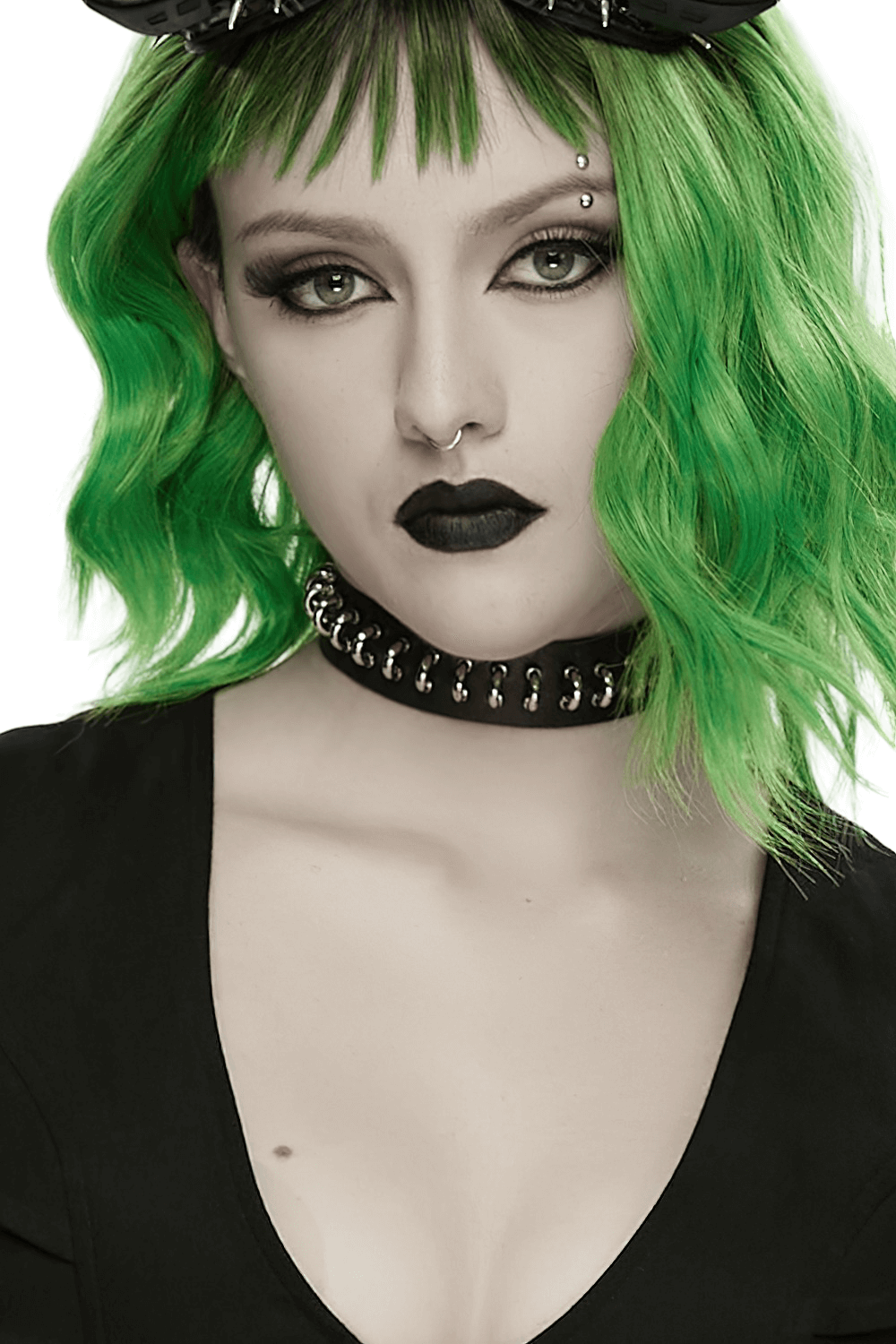 Punk Black Leather Choker with Metal Ring Details
