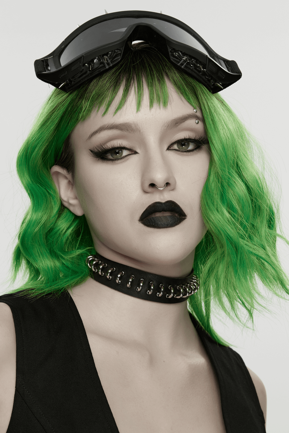 Punk Black Leather Choker with Metal Ring Details