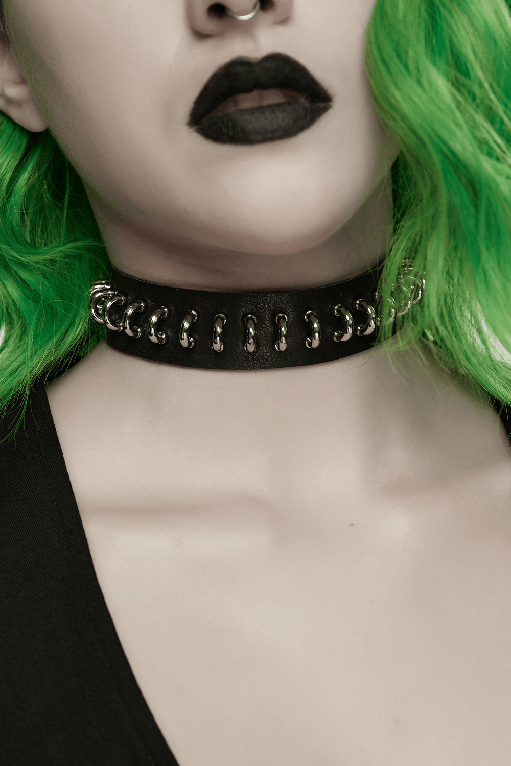 Punk Black Leather Choker with Metal Ring Details