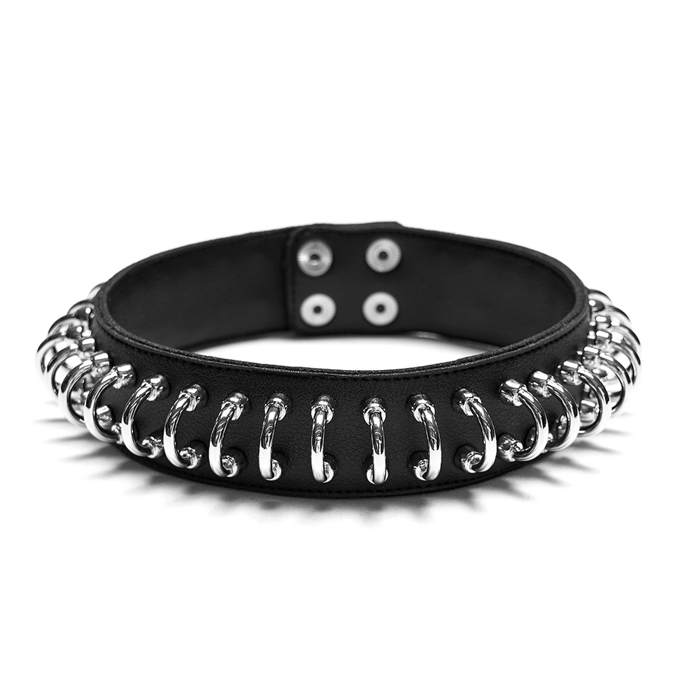 Punk Black Leather Choker with Metal Ring Details