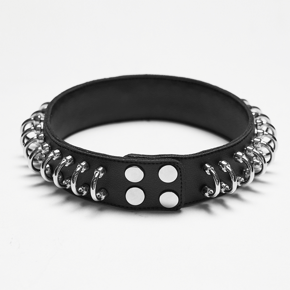 Punk Black Leather Choker with Metal Ring Details
