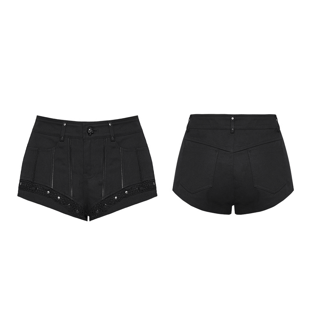 Punk Black Low Waist Shorts with Zipper and Rivet Trim