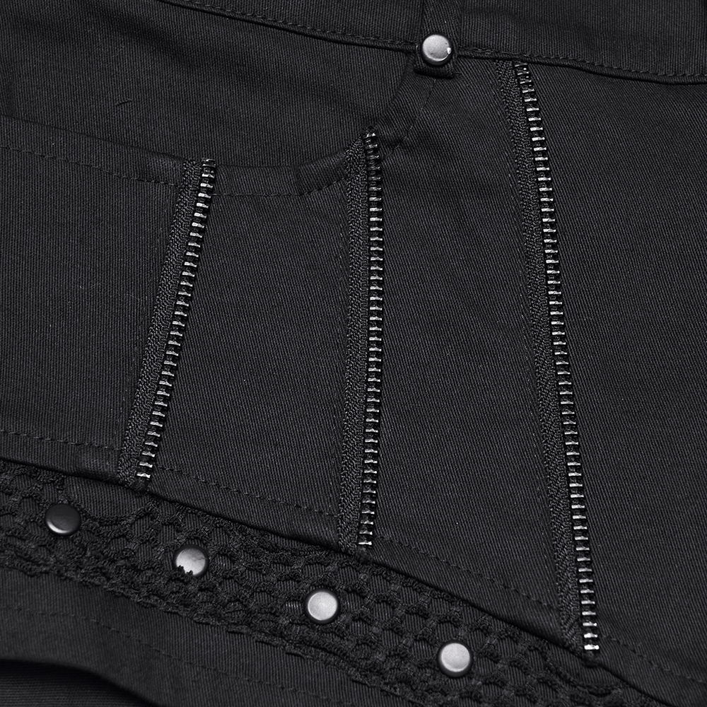Punk Black Low Waist Shorts with Zipper and Rivet Trim