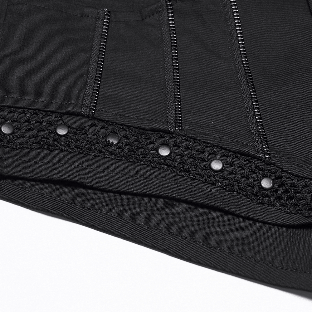 Punk Black Low Waist Shorts with Zipper and Rivet Trim