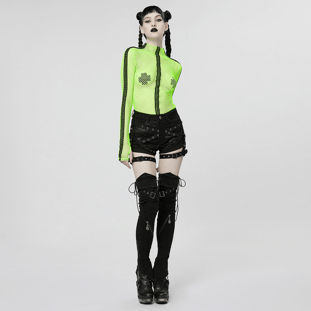 US SALE of Punk Black Mesh Garter Shorts with Buckle Straps