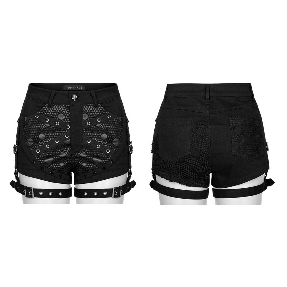 US SALE of Punk Black Mesh Garter Shorts with Buckle Straps