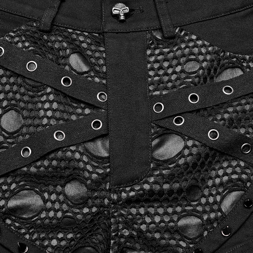 US SALE of Punk Black Mesh Garter Shorts with Buckle Straps