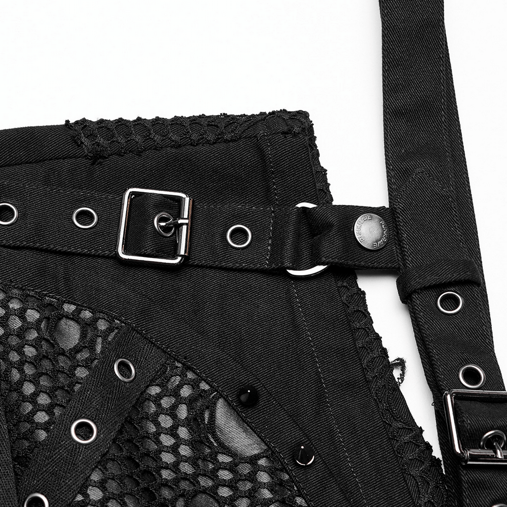 US SALE of Punk Black Mesh Garter Shorts with Buckle Straps