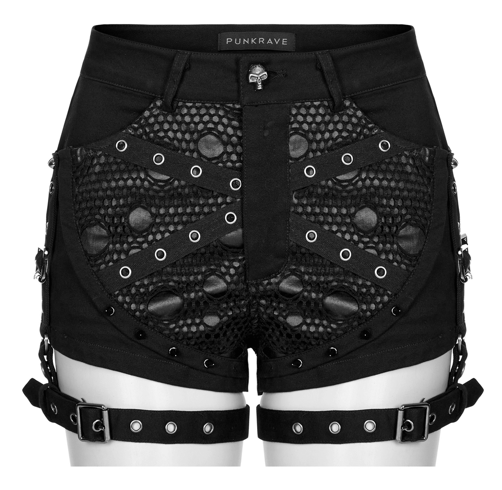 US SALE of Punk Black Mesh Garter Shorts with Buckle Straps
