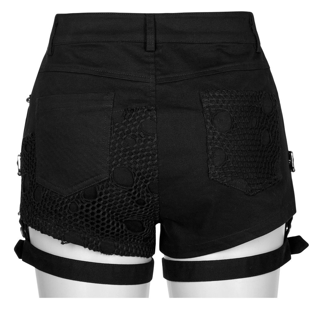 US SALE of Punk Black Mesh Garter Shorts with Buckle Straps