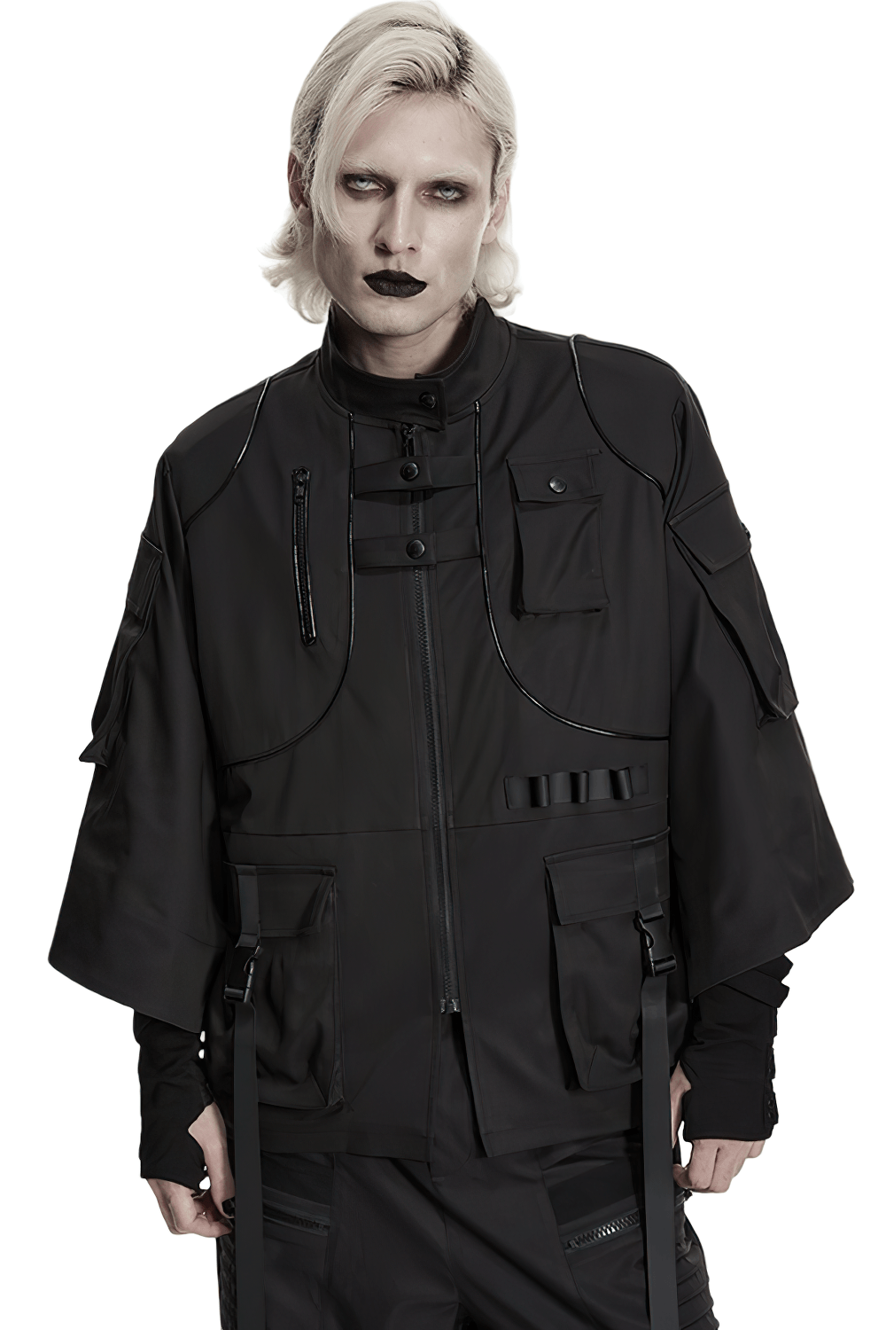 Punk Black Techwear Utility Jacket with Straps