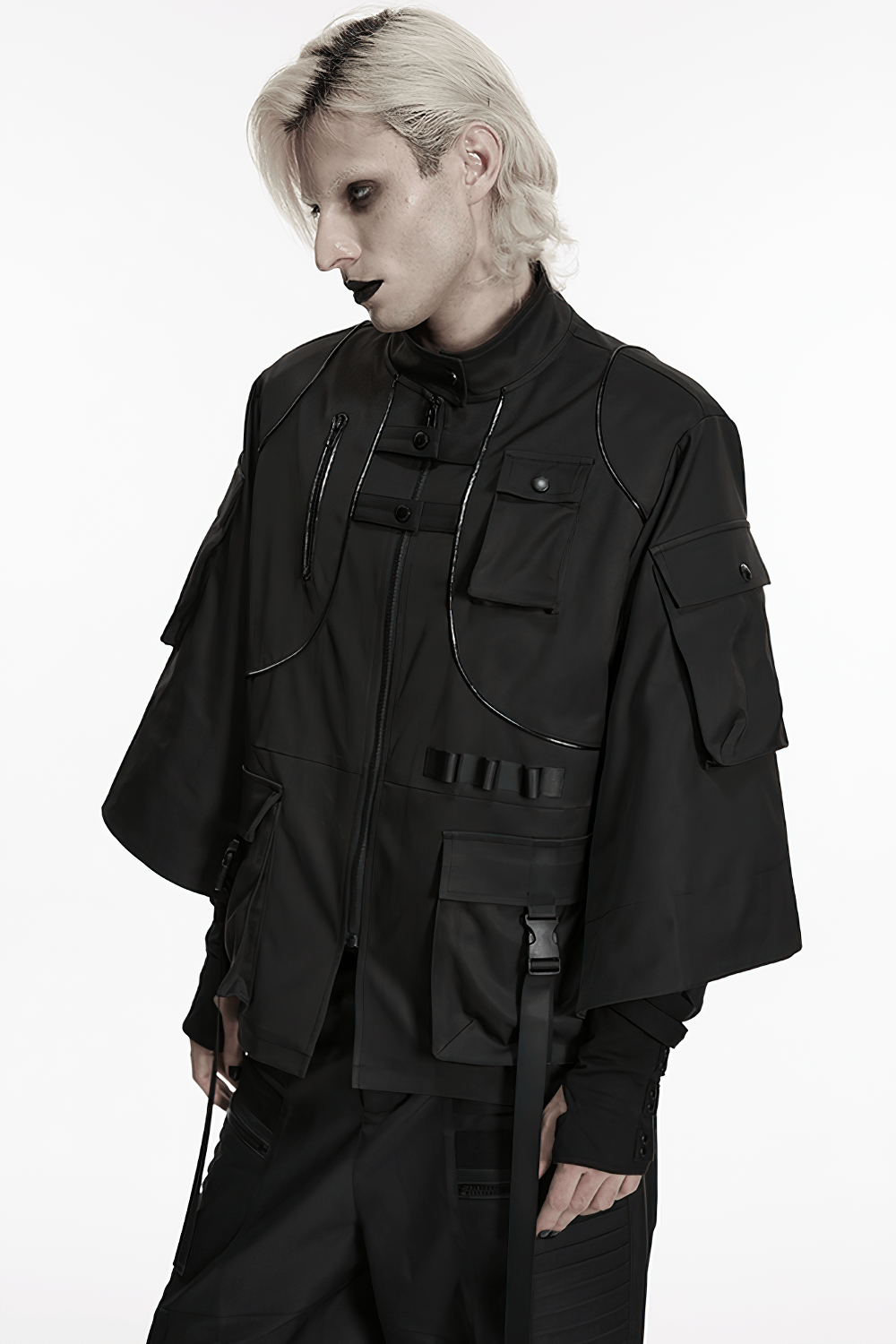 Punk Black Techwear Utility Jacket with Straps