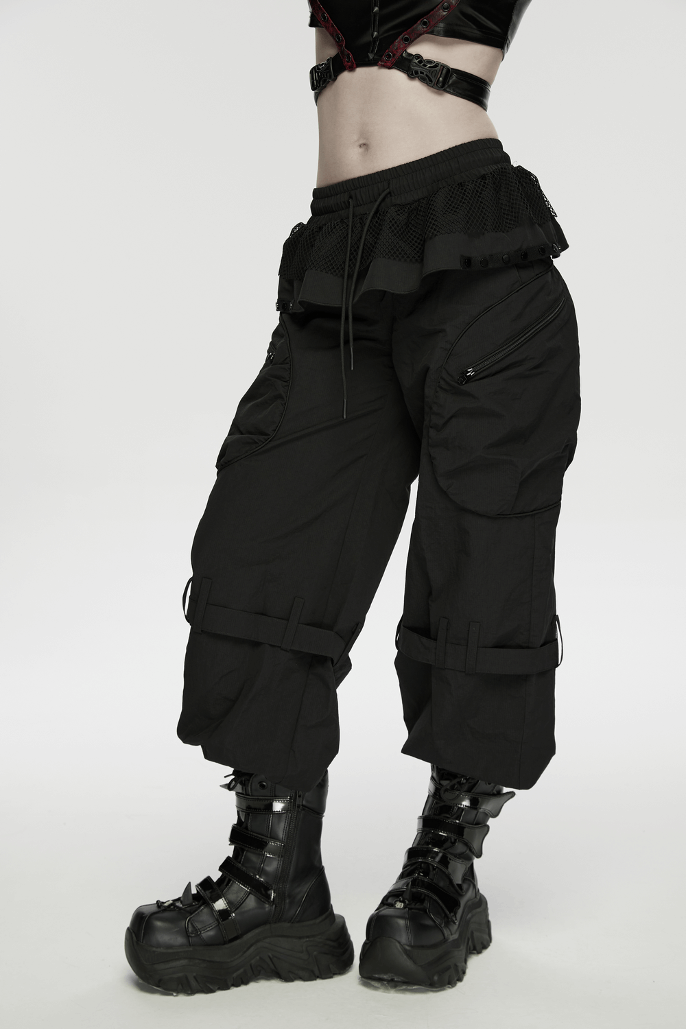 Punk Cargo Cuffed Pants with Mesh Waist Details
