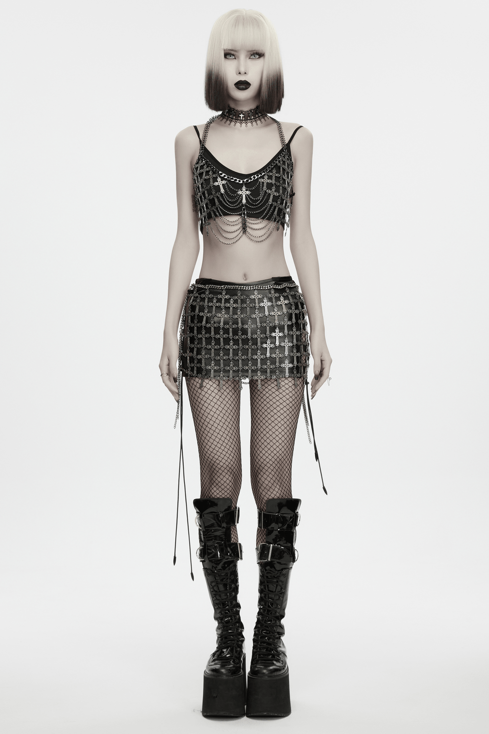 Punk Cross Cage Skirt with Vintage Metal Chain Details