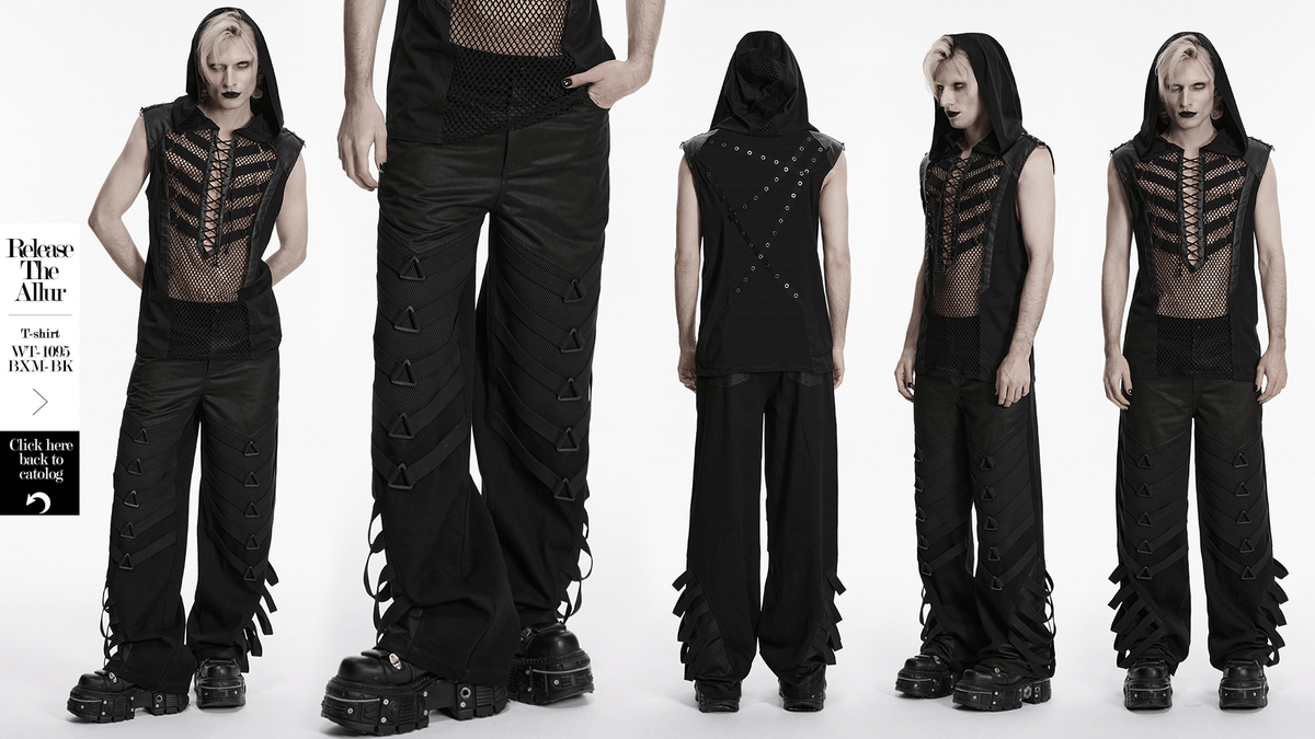 Punk Dark Wide Leg Pants with Utility Webbing for Men