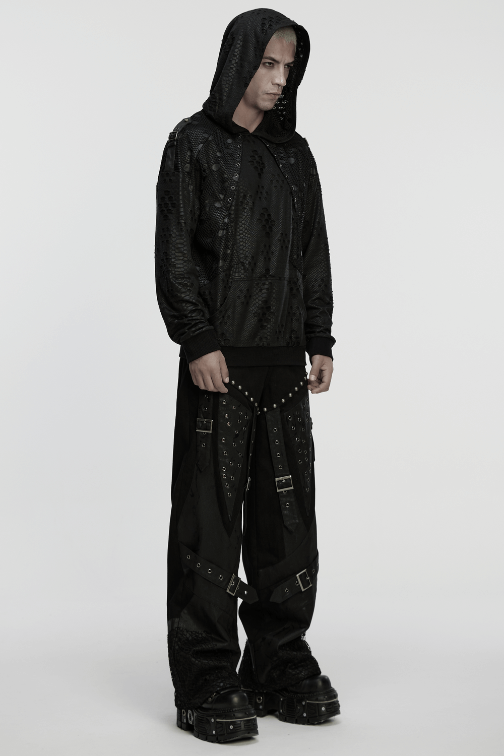 Punk Decadent Tattered Mesh Hoodie with Shoulder Buckles
