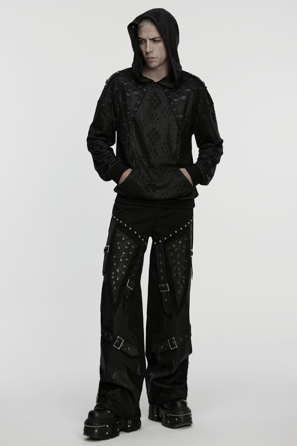 Punk Decadent Tattered Mesh Hoodie with Shoulder Buckles