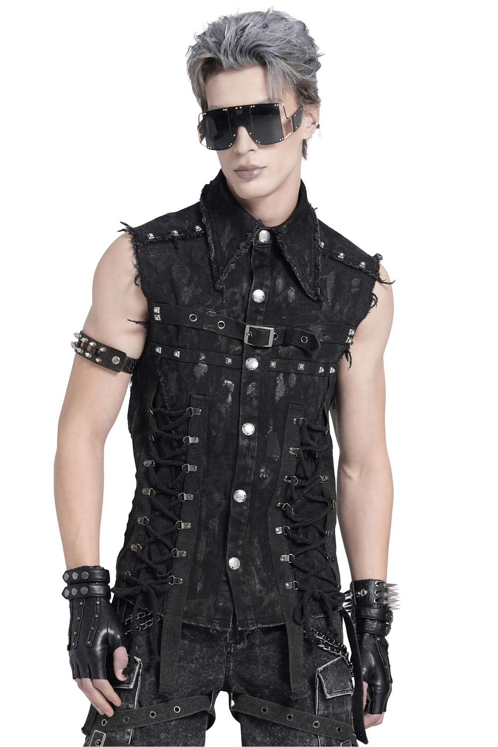 Punk Denim Shirt with Lace-Up Sides and Studded Detail