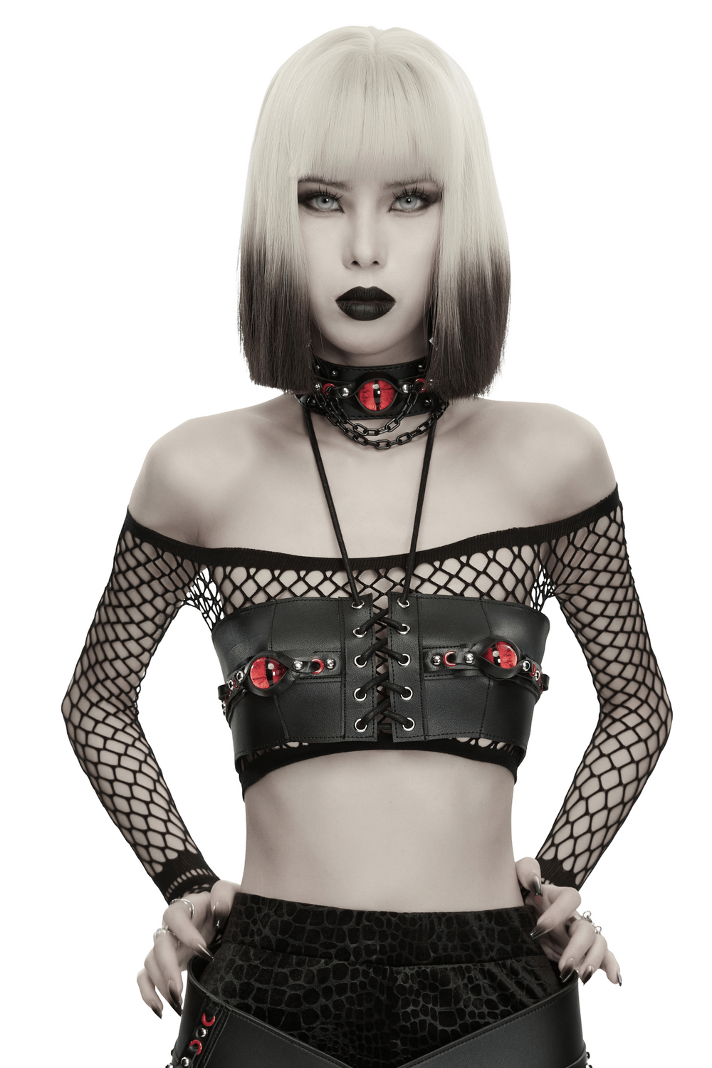 Punk Devil Eye Lace Up Faux Leather Bra Crop Top