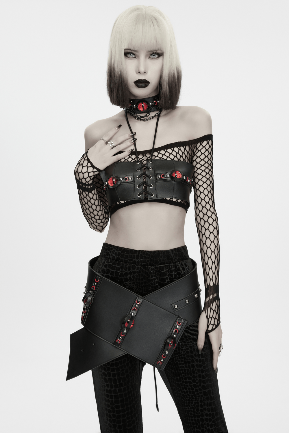 Punk Devil Eye Lace Up Faux Leather Bra Crop Top